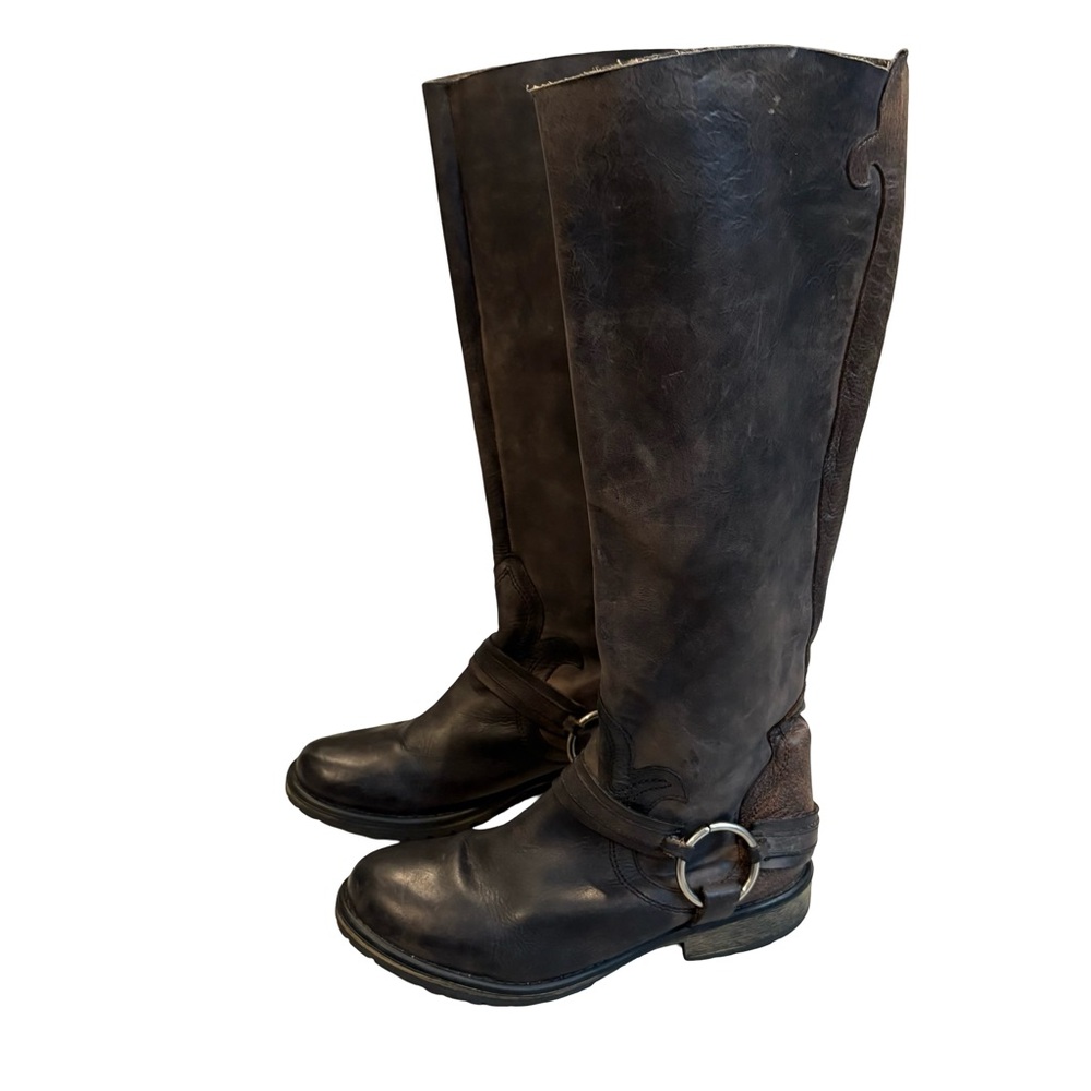 Steve Madden Judgemnt Distressed Black Leather Fleur-De-Lis Riding Boots, Sz 10 - Picture 7 of 16